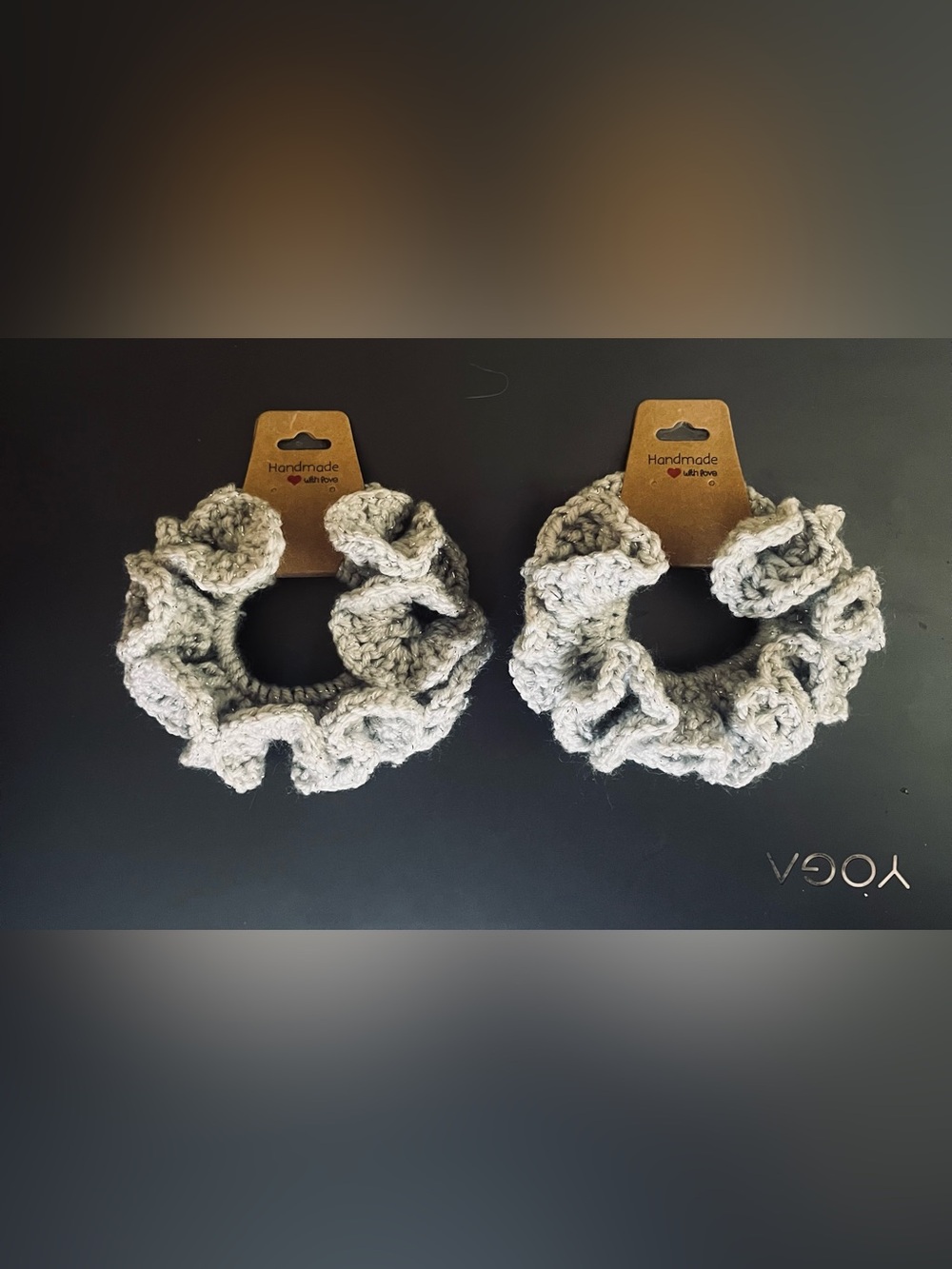 Set of 2 Extra Ruffle Crochet Hair Scrunchies Sparkling Gray- Handmade NIP